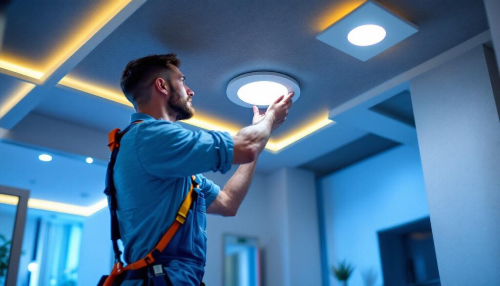 A photograph of a lighting contractor installing recessed led downlights in a modern interior space