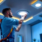 A photograph of a lighting contractor installing recessed led downlights in a modern interior space
