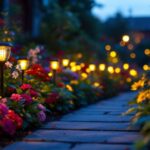 A photograph of a beautifully arranged solar flower bed light display in a garden setting during twilight