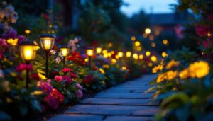 A photograph of a beautifully arranged solar flower bed light display in a garden setting during twilight