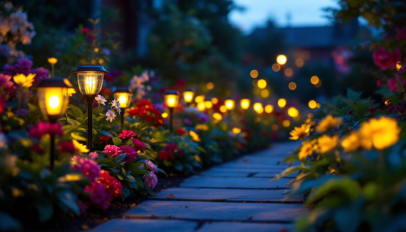 A photograph of a beautifully arranged solar flower bed light display in a garden setting during twilight