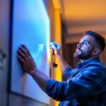 A photograph of a modern lighting contractor expertly installing an ir light strip in a stylish residential or commercial space