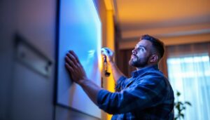 A photograph of a modern lighting contractor expertly installing an ir light strip in a stylish residential or commercial space