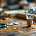 A photograph of a close-up shot of a tiny light bulb with two prongs