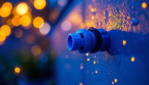 A photograph of a close-up shot of a 12v waterproof connector being installed in a vibrant outdoor lighting setup
