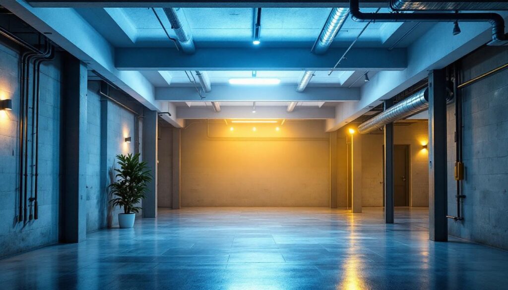 A photograph of a well-lit white industrial ceiling basement showcasing effective lighting solutions