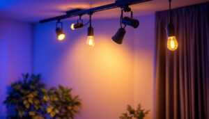A photograph of a stylish track lighting setup featuring various led light bulbs illuminating a modern interior space