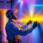 A photograph of a lighting contractor expertly installing customizable led light strips in a modern interior space
