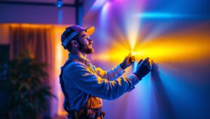 A photograph of a lighting contractor expertly installing customizable led light strips in a modern interior space