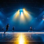 A photograph of a dynamic basketball court illuminated by vibrant
