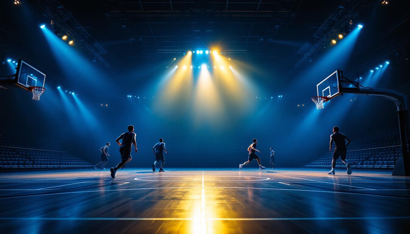 A photograph of a dynamic basketball court illuminated by vibrant