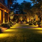 A photograph of a beautifully illuminated outdoor space showcasing low voltage lighting connectors in action