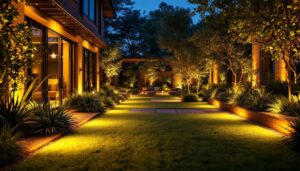 A photograph of a beautifully illuminated outdoor space showcasing low voltage lighting connectors in action