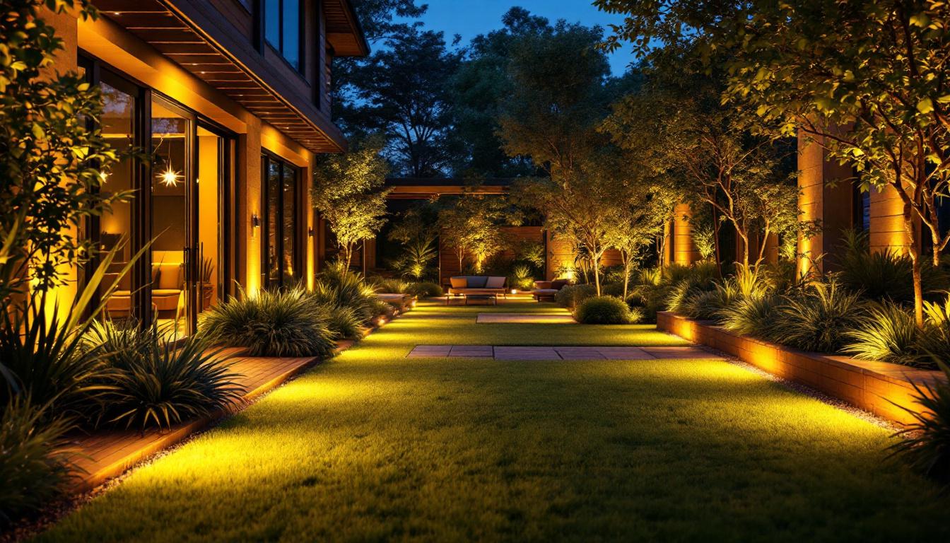 A photograph of a beautifully illuminated outdoor space showcasing low voltage lighting connectors in action