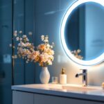 A photograph of a beautifully lit bathroom vanity area featuring flattering