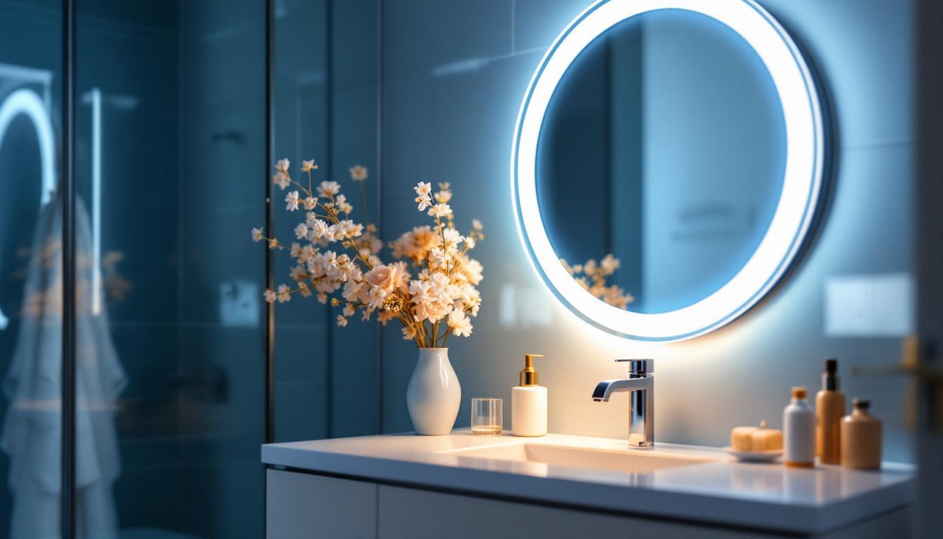 A photograph of a beautifully lit bathroom vanity area featuring flattering