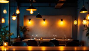 A photograph of a beautifully illuminated restaurant interior showcasing various lighting designs