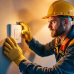 A photograph of a skilled lighting contractor installing a 20 amp single pole switch in a stylish residential setting