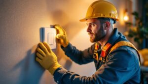 A photograph of a skilled lighting contractor installing a 20 amp single pole switch in a stylish residential setting