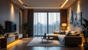 A photograph of a well-lit room featuring stylish lotus recessed lights