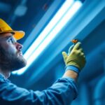 A photograph of a lighting contractor installing led lamps in a fluorescent fixture