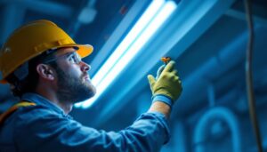 A photograph of a lighting contractor installing led lamps in a fluorescent fixture