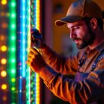 A photograph of a skilled lighting contractor installing vibrant rgb led strips in a modern home setting