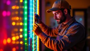 A photograph of a skilled lighting contractor installing vibrant rgb led strips in a modern home setting