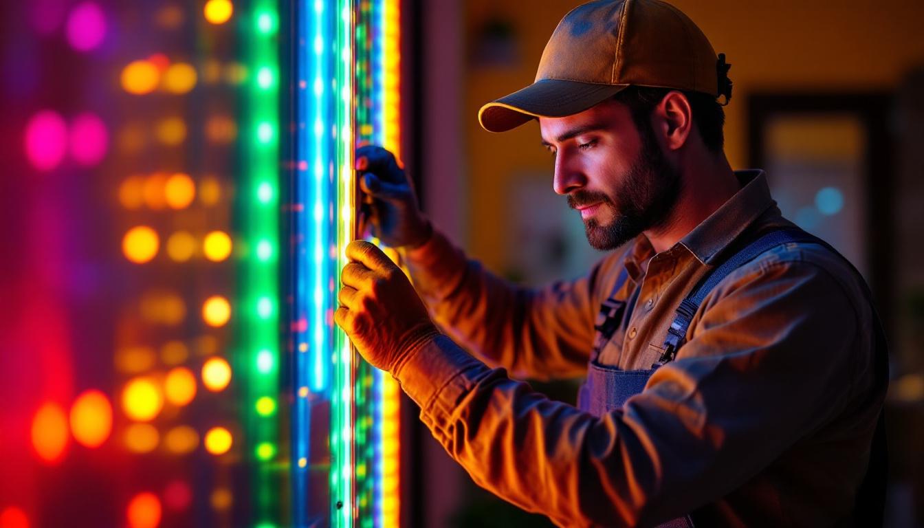 A photograph of a skilled lighting contractor installing vibrant rgb led strips in a modern home setting