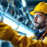 A photograph of a skilled lighting contractor expertly installing or inspecting fluorescent light connectors in a commercial setting