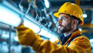 A photograph of a skilled lighting contractor expertly installing or inspecting fluorescent light connectors in a commercial setting