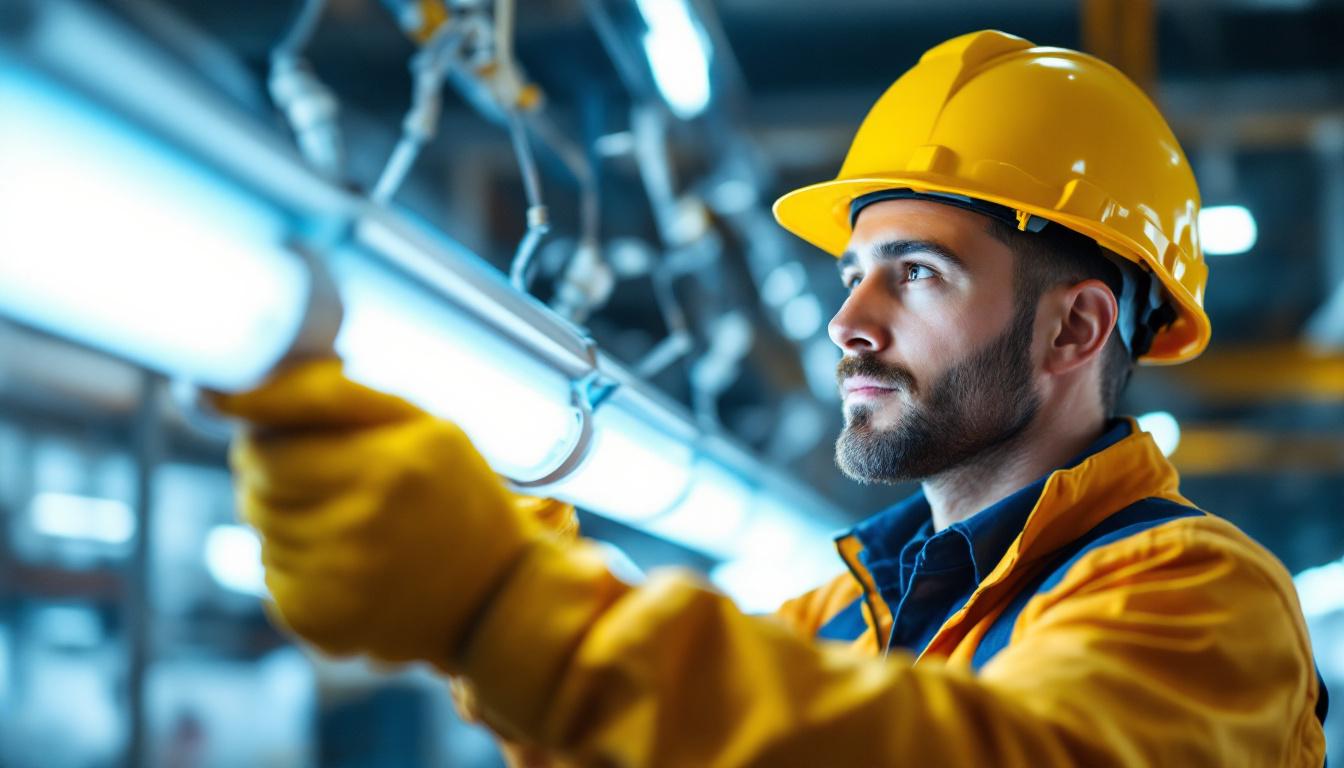 A photograph of a skilled lighting contractor expertly installing or inspecting fluorescent light connectors in a commercial setting