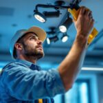 A photograph of a lighting contractor expertly installing or adjusting ceiling bar lights in a modern interior space