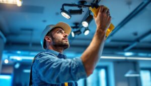 A photograph of a lighting contractor expertly installing or adjusting ceiling bar lights in a modern interior space