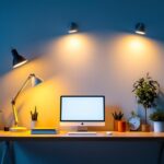 A photograph of a stylish home office setup featuring a variety of modern light fixtures