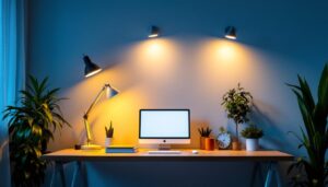 A photograph of a stylish home office setup featuring a variety of modern light fixtures