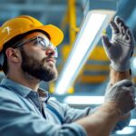 A photograph of capture a photograph of a lighting contractor inspecting or installing a fluorescent light fixture in a commercial setting