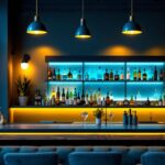A photograph of a stylish bar setting featuring a variety of lighting options