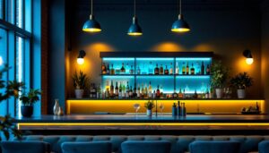 A photograph of a stylish bar setting featuring a variety of lighting options