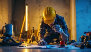 A photograph of a lighting contractor working on a project