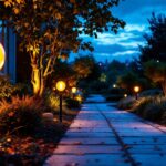 A photograph of a well-lit outdoor space at dusk