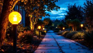 A photograph of a well-lit outdoor space at dusk