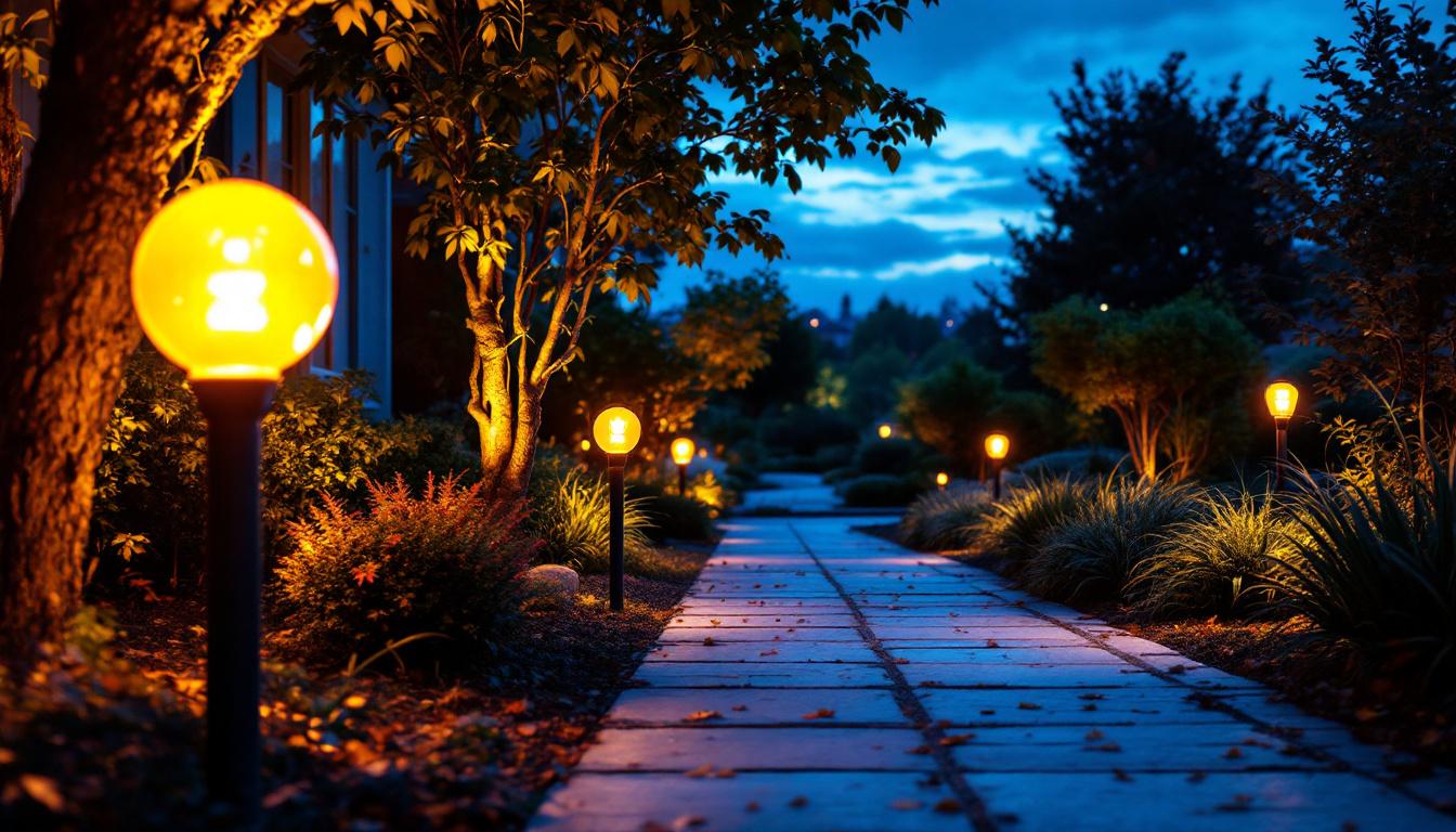 A photograph of a well-lit outdoor space at dusk