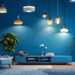 A photograph of a stylishly designed room featuring a variety of modern ceiling light fixtures