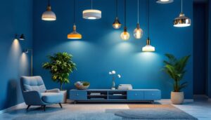 A photograph of a stylishly designed room featuring a variety of modern ceiling light fixtures