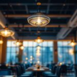 A photograph of a beautifully designed restaurant interior featuring elegant ceiling lights that highlight the ambiance and functionality of the space