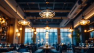 A photograph of a beautifully designed restaurant interior featuring elegant ceiling lights that highlight the ambiance and functionality of the space