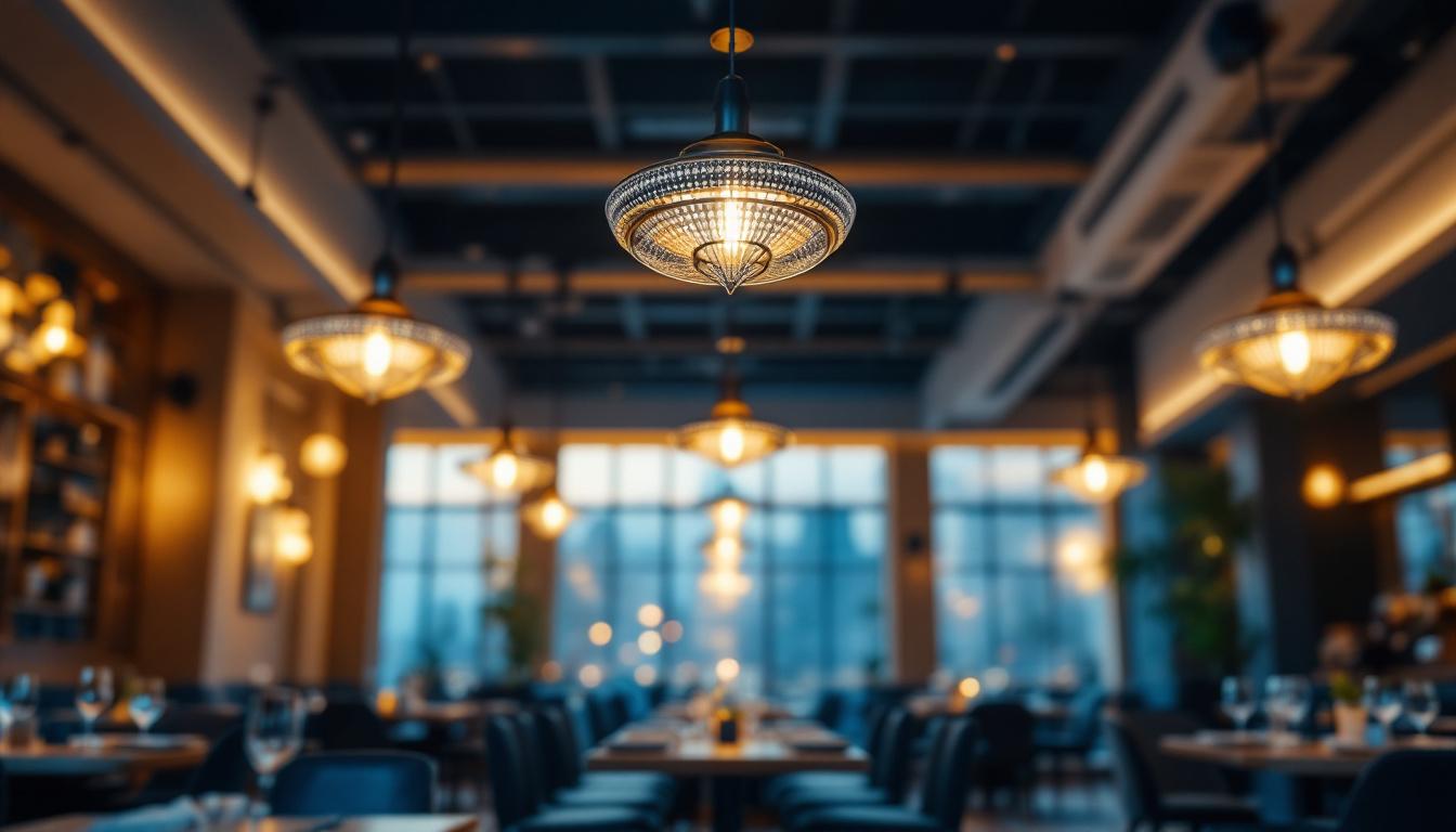 A photograph of a beautifully designed restaurant interior featuring elegant ceiling lights that highlight the ambiance and functionality of the space