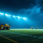 A photograph of a portable football field lighting setup in action during a night game