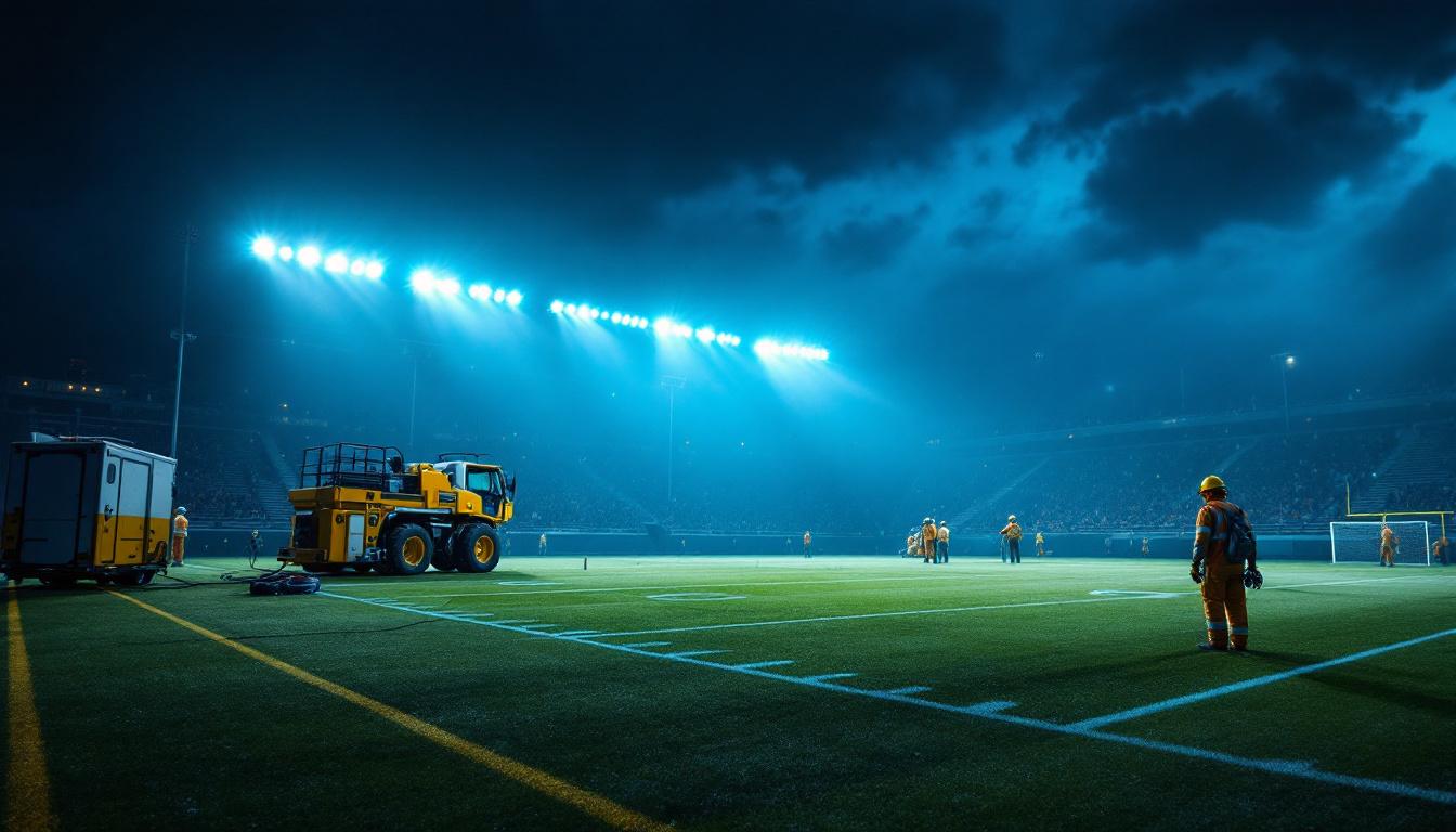 A photograph of a portable football field lighting setup in action during a night game